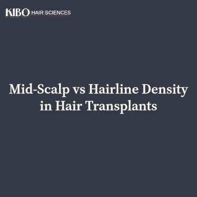 flat lay navy blue background with text "Mid-Scalp vs Hairline Density in Hair Transplants" centred and in middle and on top left corner there is Kibo clinics logo