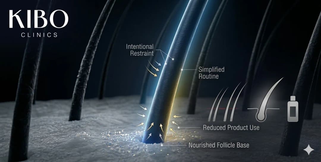 Simplified hair care routine showing reduced product use minimal styling manipulation and intentional restraint approach maximizing natural follicle health