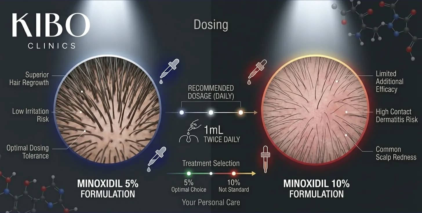 Minoxidil concentration comparison showing 5 percent versus 10 percent efficacy side effects and optimal dosing