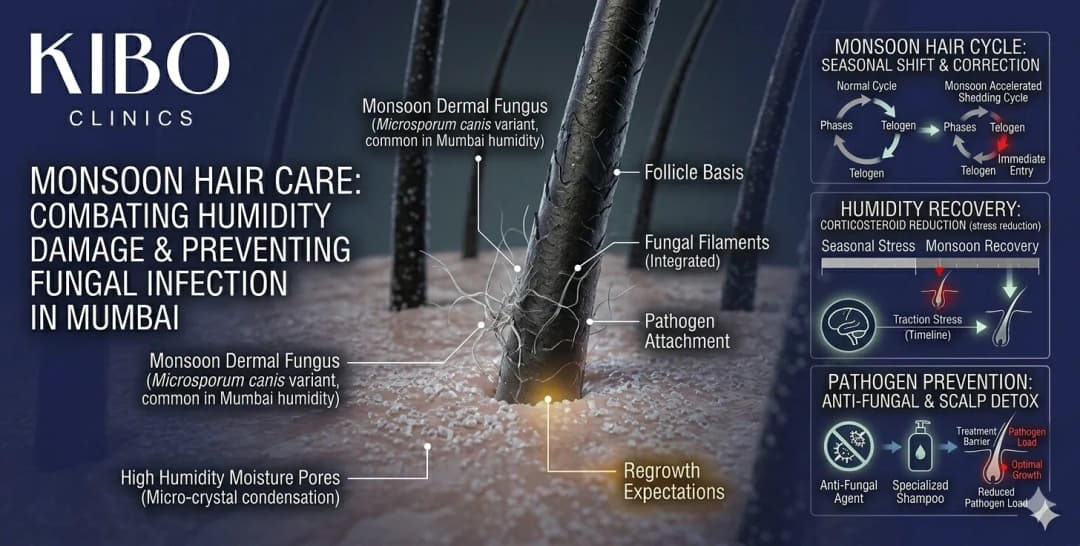 Monsoon hair care showing humidity damage fungal infection prevention and seasonal hair fall management in Mumbai