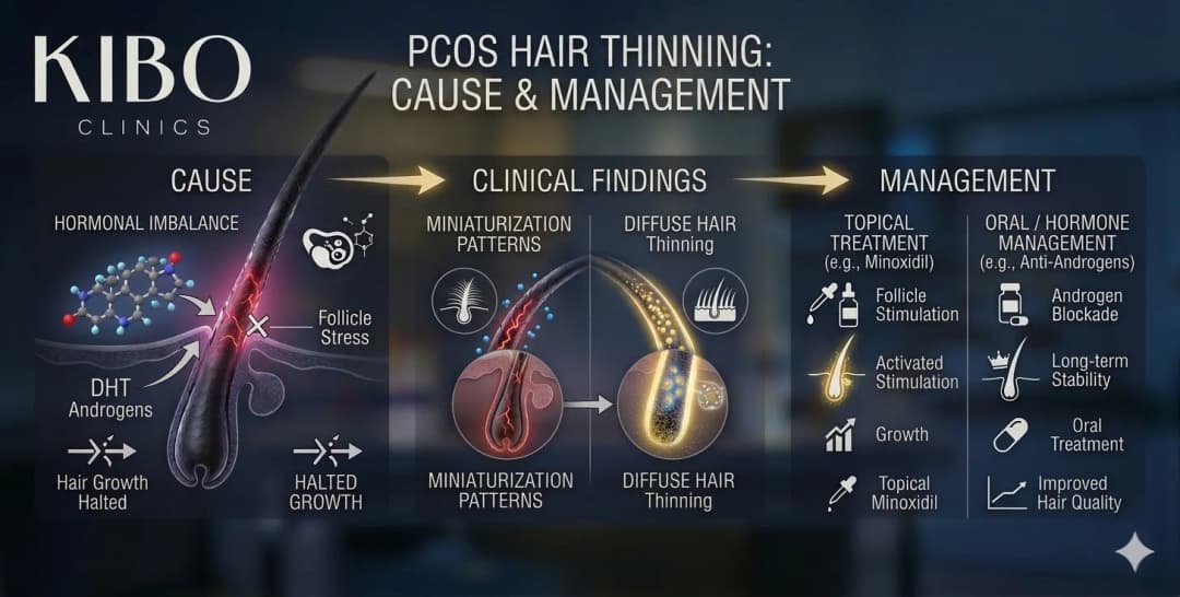 PCOS hair thinning showing hormonal imbalance androgenic alopecia patterns and female pattern hair loss treatment