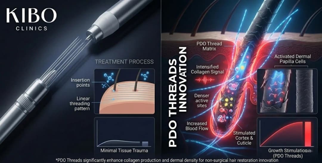PDO threads scalp treatment showing thread lift technology collagen stimulation and non-surgical hair restoration innovation