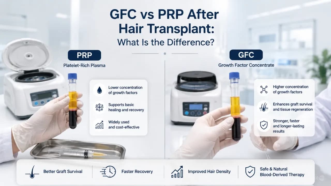 Side-by-side PRP and GFC blood-derived treatments compared for graft survival and recovery after a hair transplant