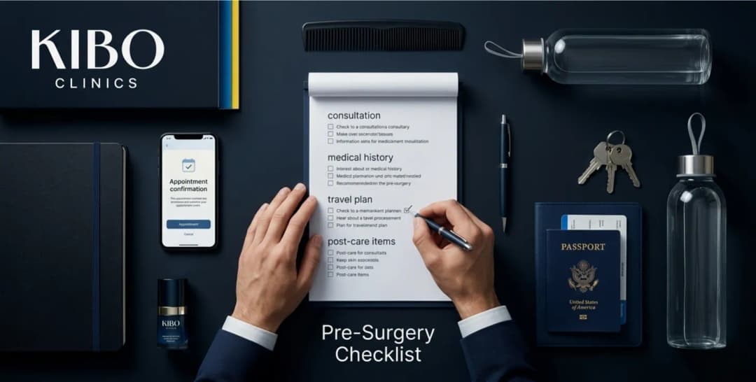 Pre surgery checklist for hair transplant shown through organized flat lay planning setup