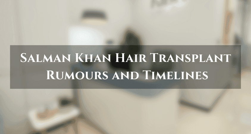 kibo clinics front desk blurred photo in background with mid layer having photo of on top with black backdrop for text "Salman Khan Hair Transplant: Rumours And Timeline " with 45% opacity