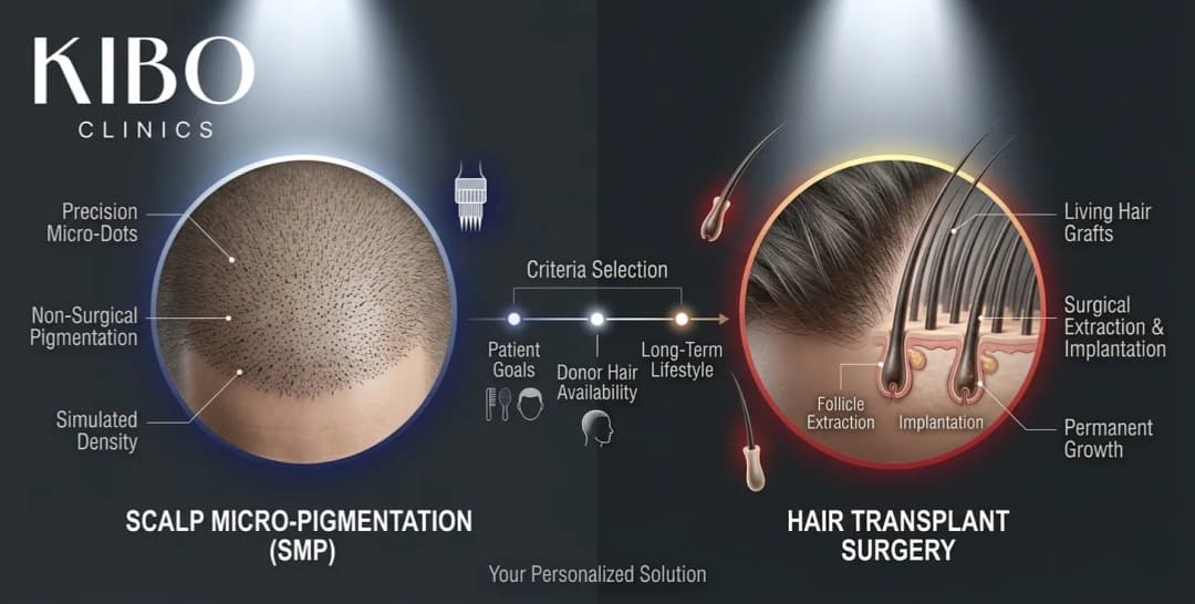 SMP versus hair transplant showing tattooing technique surgical restoration comparison and treatment selection criteria