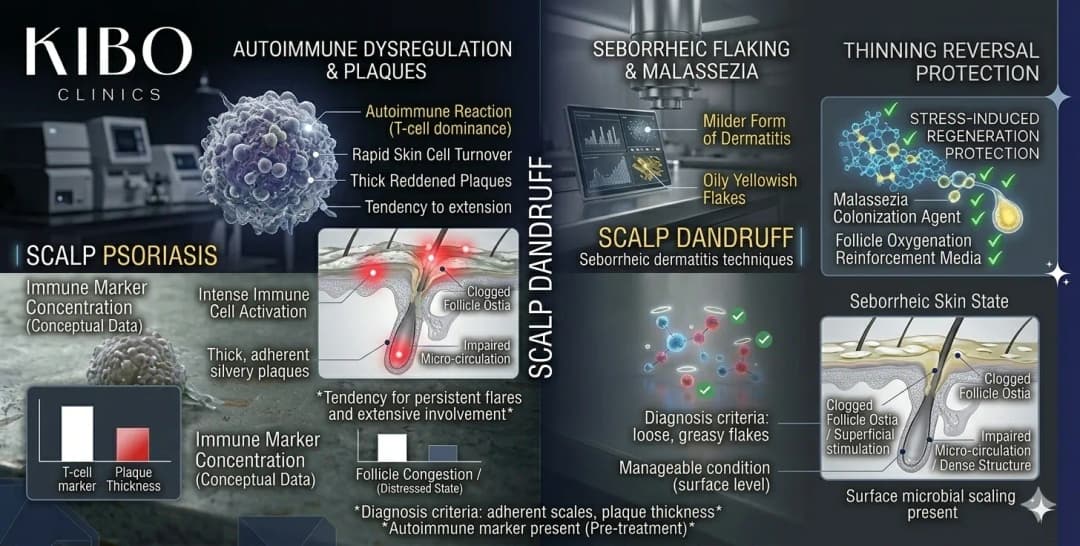Scalp psoriasis versus dandruff showing autoimmune condition differences seborrheic flaking and diagnosis criteria