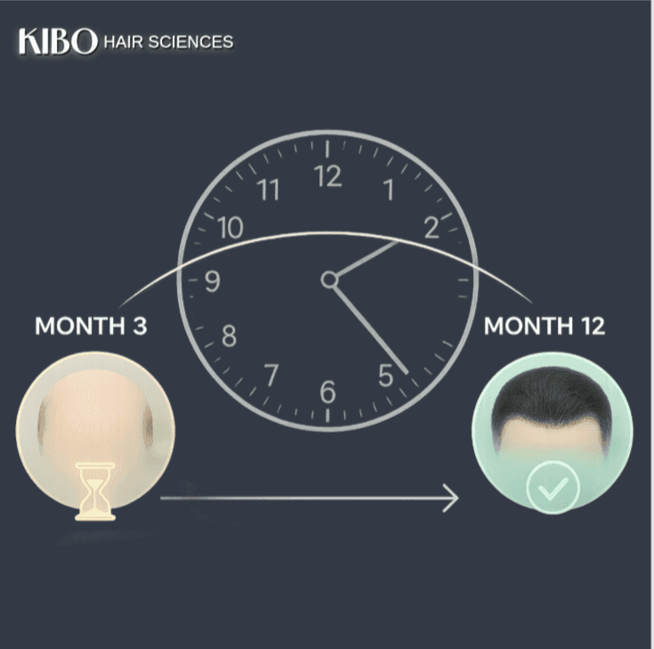 Flat lay of a wall calendar, comb, hair growth serum, and a clock, symbolising the twelve-month hair growth journey. Kibo Clinics, for placeholder square image
