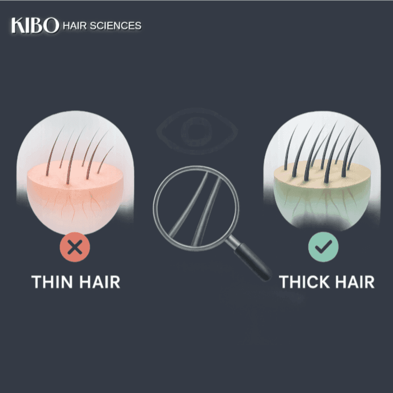 Flat lay with two photo cards marked hairline and mid scalp beside a wide tooth comb and a card reading set fair expectations