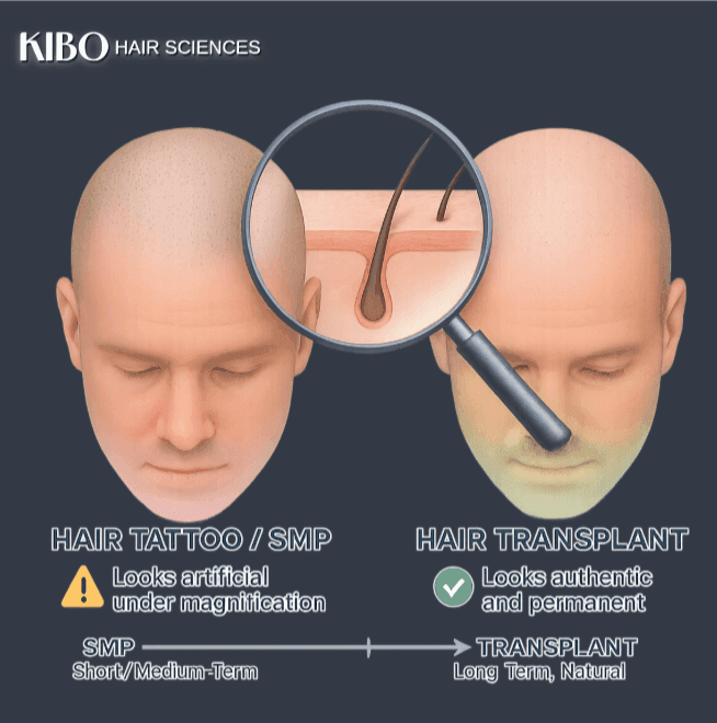 Flat lay with two photo cards marked hairline and mid scalp beside a wide tooth comb and a card reading set fair expectations