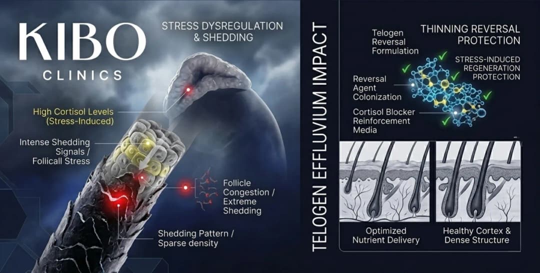 Telogen effluvium stress hair loss showing cortisol effects shedding patterns and stress-induced thinning reversal