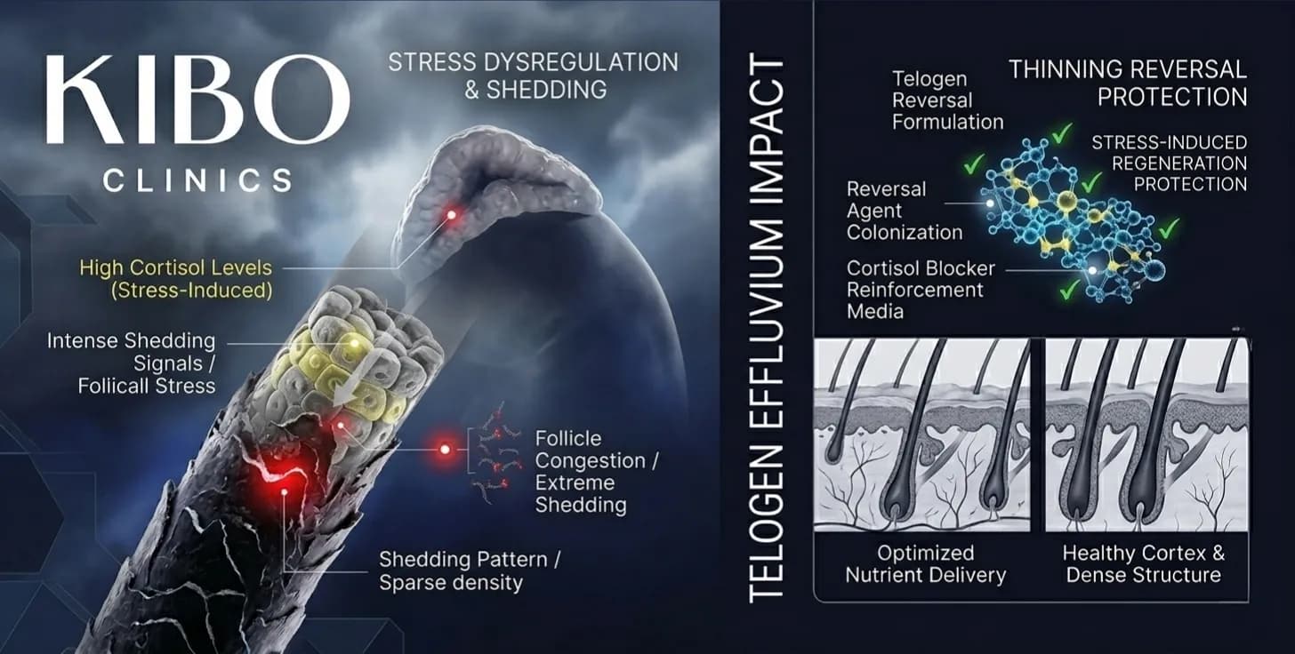 Telogen effluvium stress hair loss showing cortisol effects shedding patterns and stress-induced thinning reversal