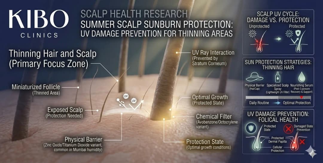 Summer scalp sunburn protection showing UV damage prevention sun protection strategies for thinning hair areas