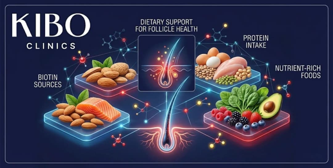 Hair growth superfoods showing nutrient-rich foods biotin sources protein intake and dietary support for follicle health