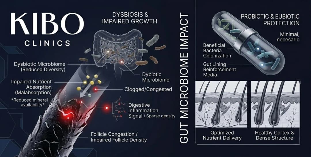 Gut health hair connection showing microbiome impact nutrient absorption and digestive influence on follicle density