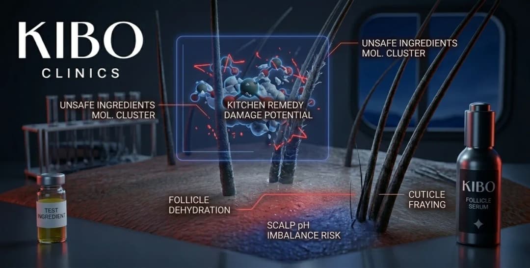 DIY hair mask dangers showing unsafe ingredients pH imbalance risks and kitchen remedy damage potential