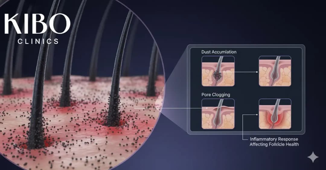 Urban air pollution micro-particles settling on scalp showing dust accumulation pore clogging and inflammatory response affecting follicle health in Indian cities