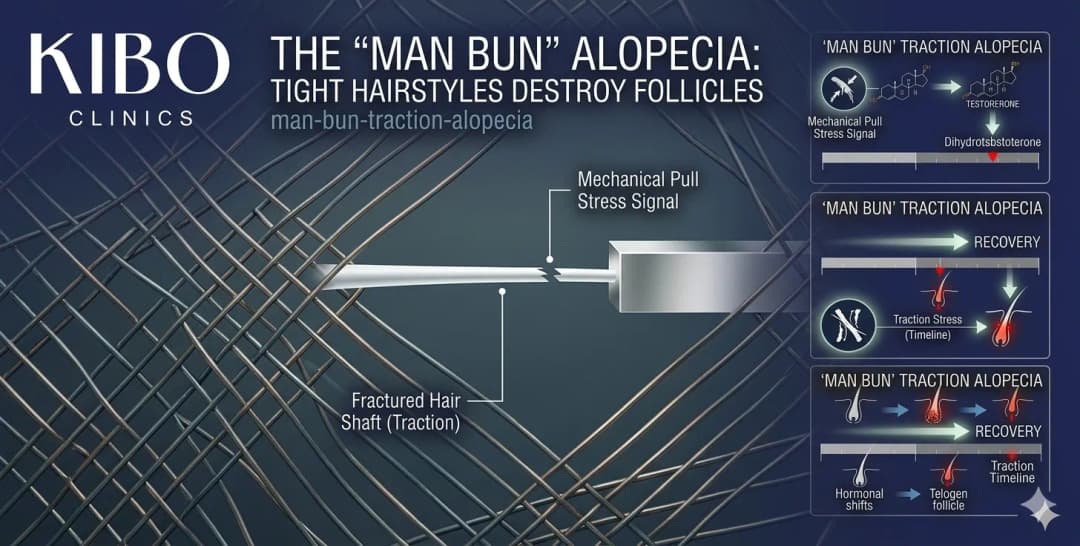 Man bun traction alopecia showing tight hairstyle damage follicle stress patterns and male hair loss from styling