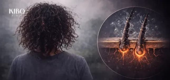 High humidity swelling hair cuticles showing moisture absorption causing frizz structural stress and increased breakage vulnerability from environmental dampness