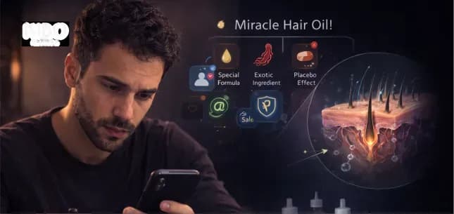 Social media hair oil claims showing unproven ingredients marketing tactics versus evidence-based treatments for hair growth