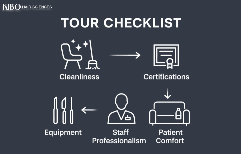 Hair transplant clinic visit showing facilities and hygiene checklist