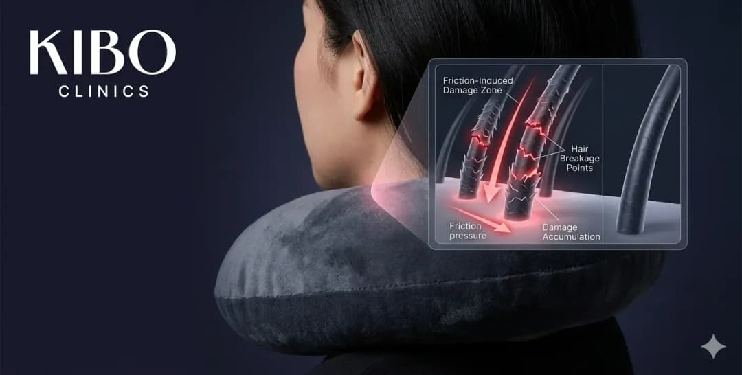 Travel neck pillow contact showing repeated friction zones hair breakage points and damage accumulation from prolonged cushion pressure during journeys