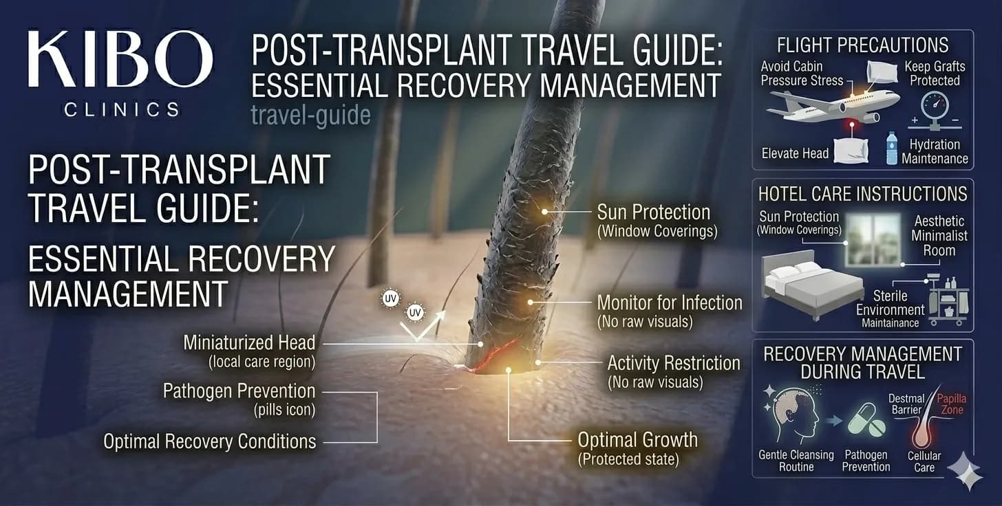 Post-transplant travel guide showing flight precautions hotel care instructions and recovery management during travel