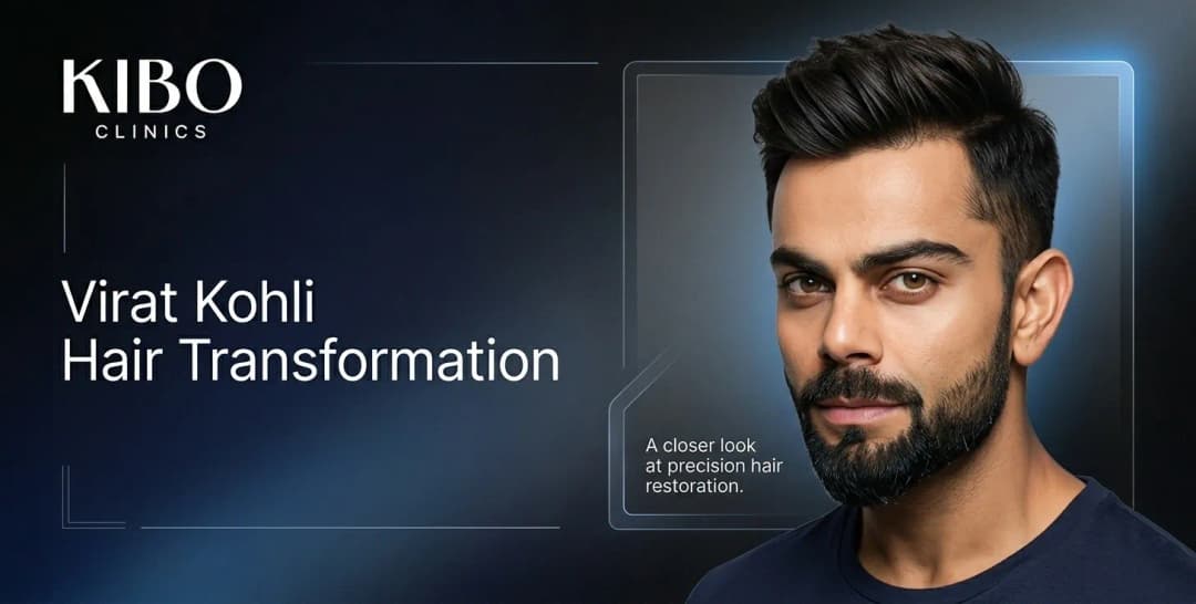 Virat Kohli hair transplant result shown in premium editorial style with natural hairline
