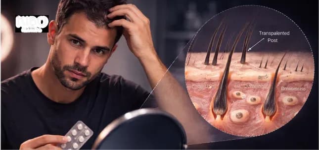 Finasteride post-transplant showing native hair loss progression DHT miniaturization patterns and transplanted versus natural hair outcomes