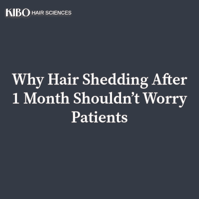 Flat Navy Blue lay background with text in middle centre stating "Why Hair Shedding After 1 Month Shouldn’t Worry Patients" and kibo logo on top left corner