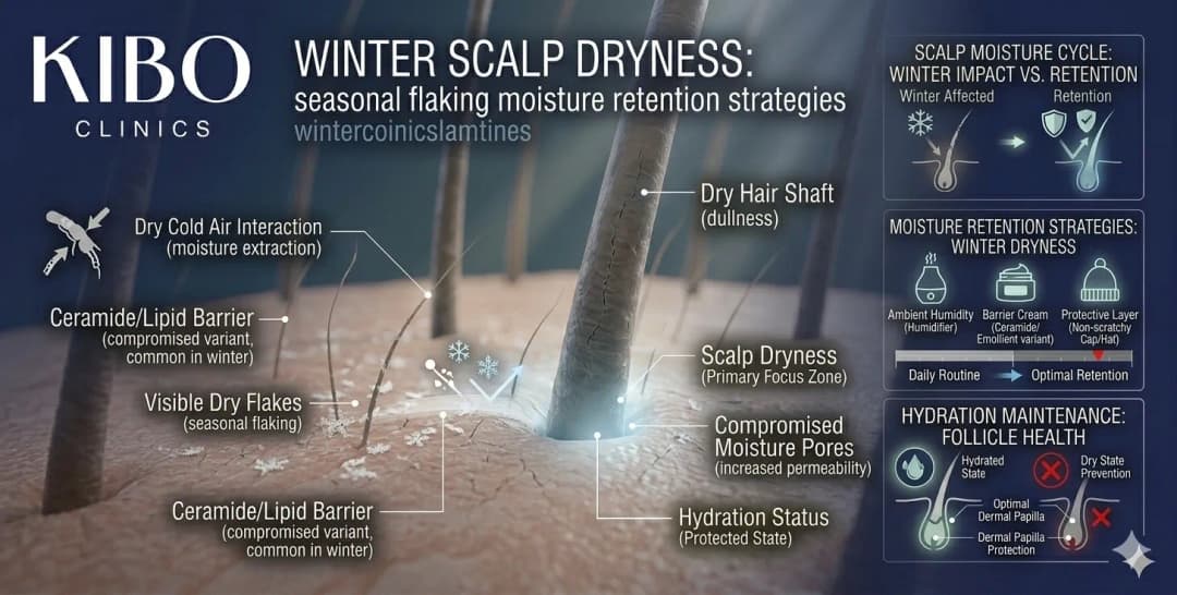 Winter scalp dryness showing seasonal flaking moisture retention strategies and hydration maintenance for hair health