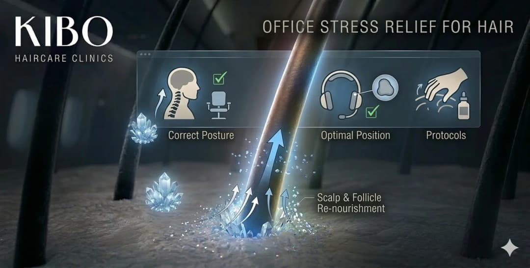 Office workplace hair strategies showing desk ergonomics headset positioning and professional styling approaches minimizing chronic hairline tension stress