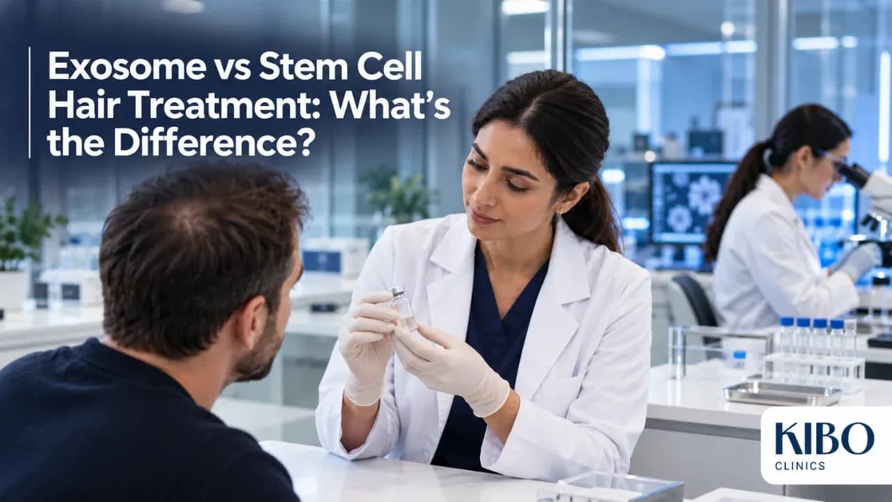 Side-by-side comparison concept of exosome therapy and stem cell therapy for hair loss
