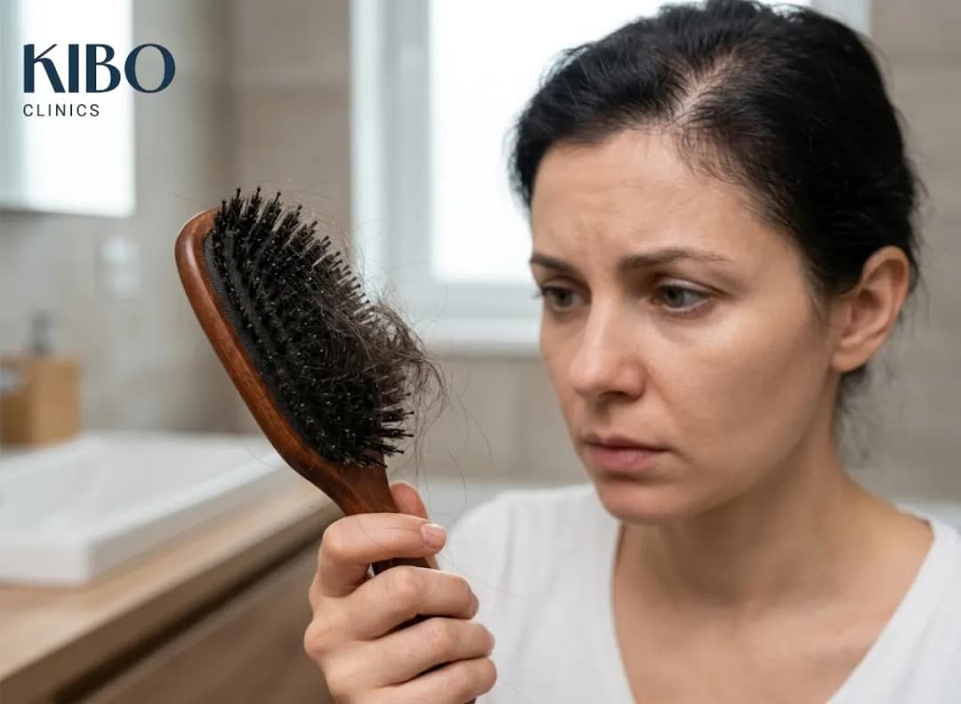 Kibo Clinics banner image explaining how telogen effluvium causes sudden diffuse hair thinning.