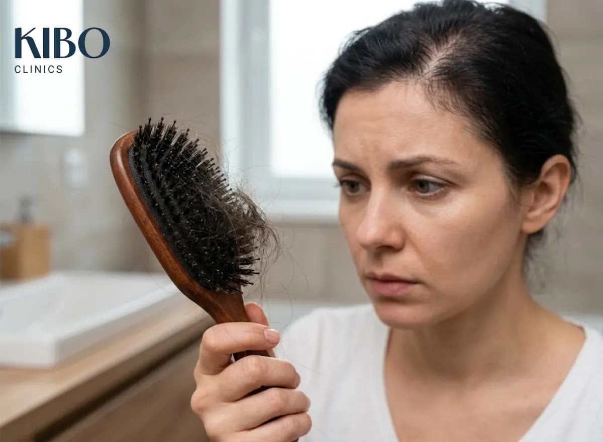 Kibo Clinics banner image explaining how telogen effluvium causes sudden diffuse hair thinning.