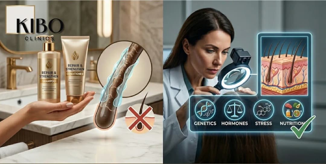 Split-screen comparing hair loss solutions: left shows shampoo bottles marked ineffective; right shows a dermatologist examining a scalp with icons for genetics, hormones, stress, and nutrition as key factors.