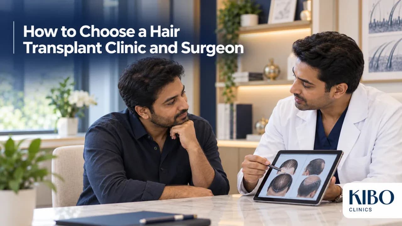 Patient consulting a hair transplant surgeon about credentials and treatment plan before choosing a clinic